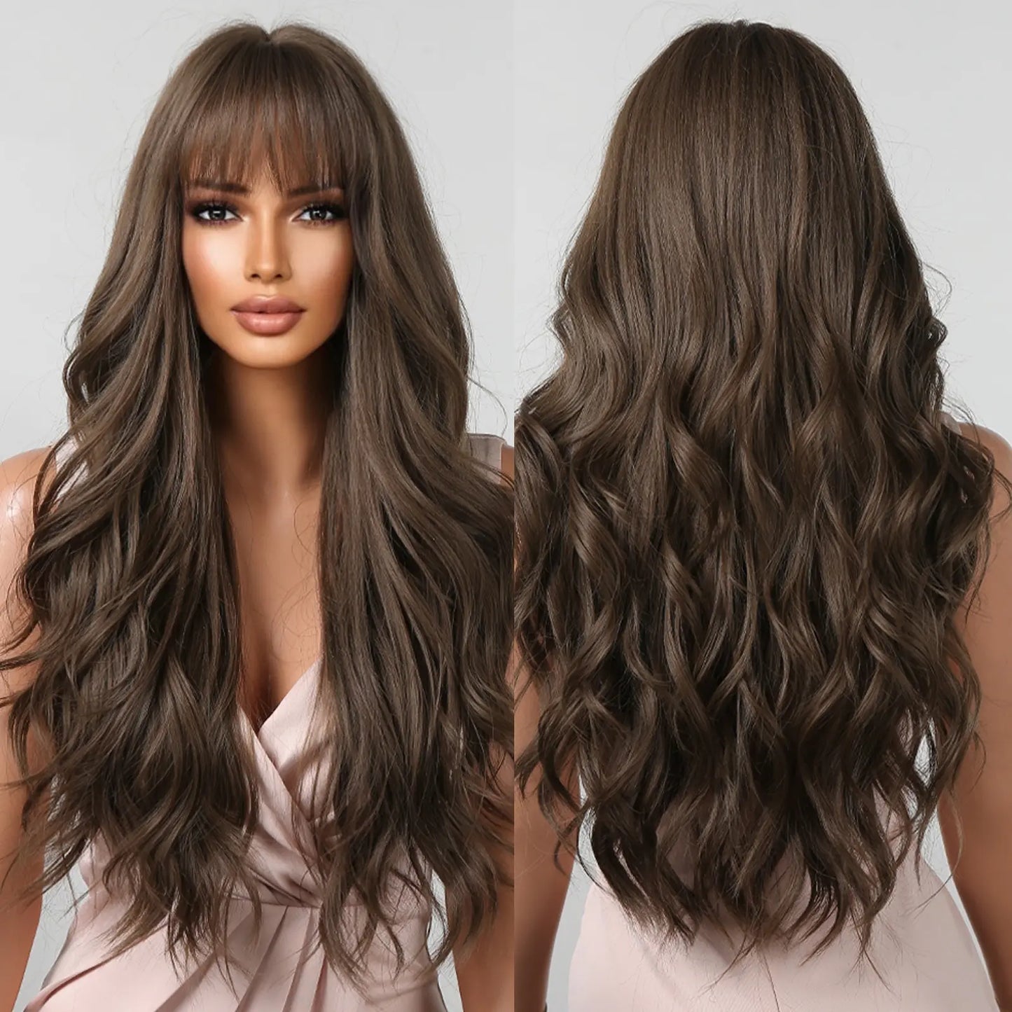 Brown Wavy Wigs for Women with Bangs Long Natural Synthetic Hair Wig