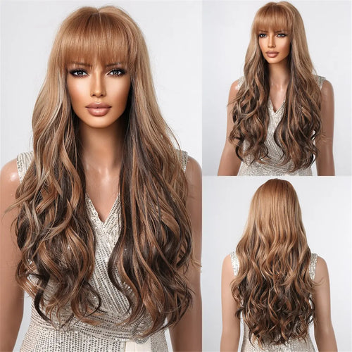 Brown Wavy Wigs for Women with Bangs Long Natural Synthetic Hair Wig