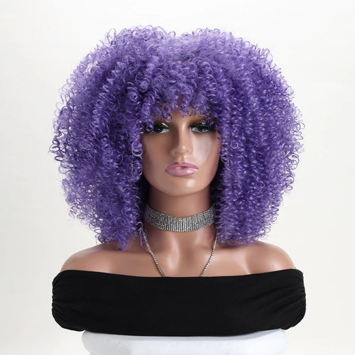 16 Inch Afro Kinky Curly Hair Wigs With Bangs Soft Fluffy Synthetic