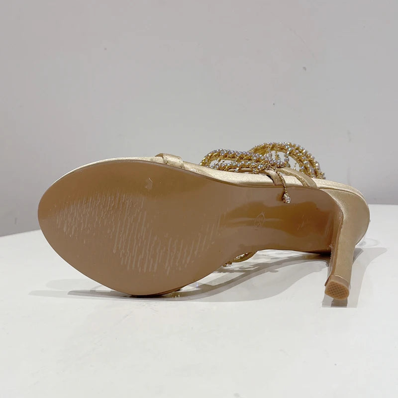 Eilyken Golden Crystal Rhinestone Women's Sandals Fashion String Bead
