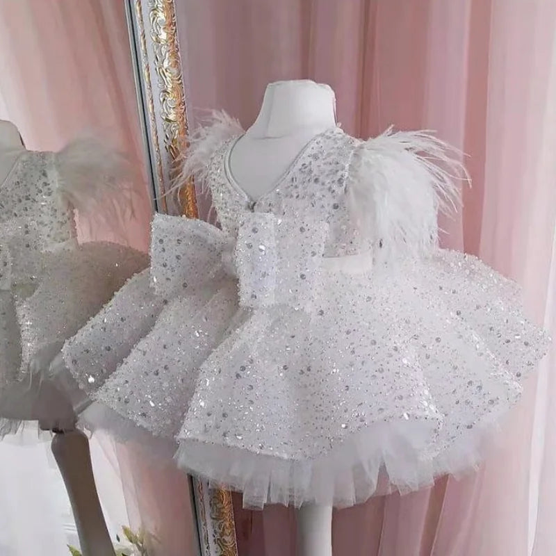 Glitter Champagne Short Baby Toddler Birthday Pageant Dresses Puffy