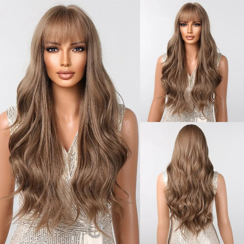 Brown Wavy Wigs for Women with Bangs Long Natural Synthetic Hair Wig