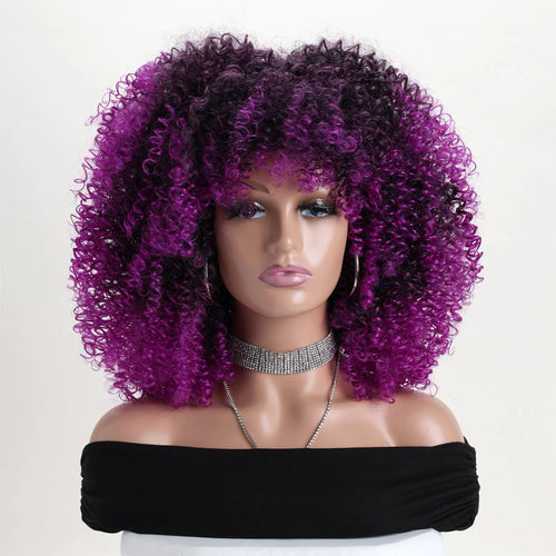 16 Inch Afro Kinky Curly Hair Wigs With Bangs Soft Fluffy Synthetic