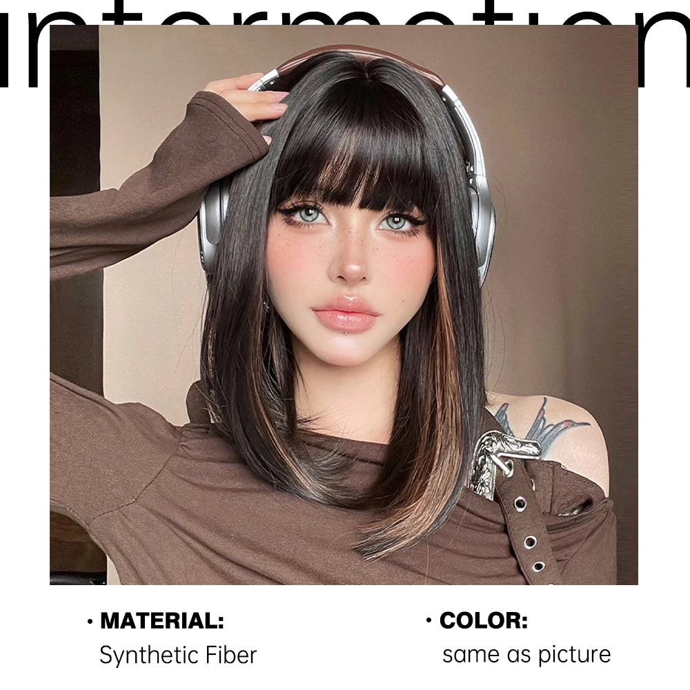 Short Straight Bob Wigs with Bangs Black Brwon Highlight Wig Daily