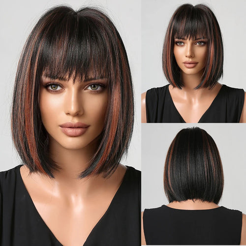 Short Straight Bob Wigs with Bangs Black Brwon Highlight Wig Daily