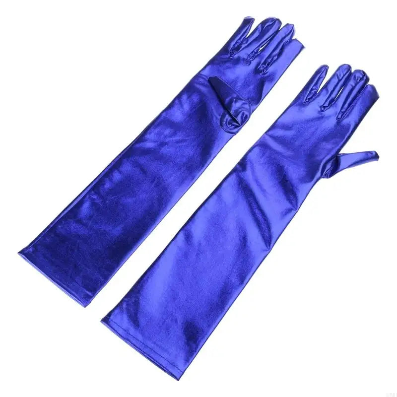 49MD Women Faux Leather Metallic Gloves Wetlook 17inch Elbow Length