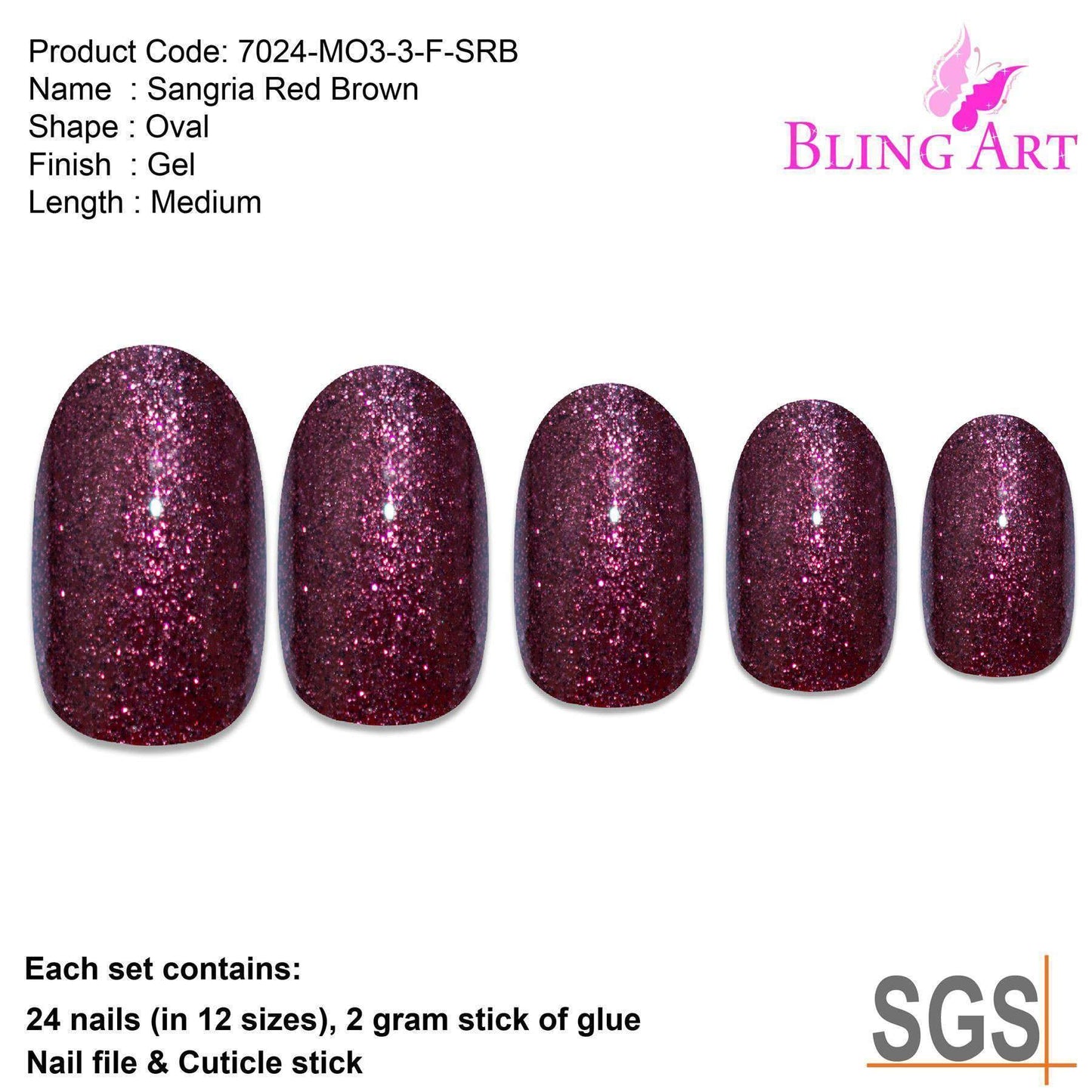 False Nails by Bling Art Red Brown Gel Oval Medium Acrylic Tips with