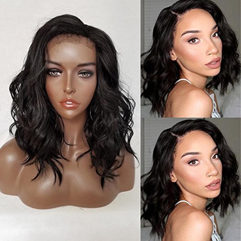 Short Bob Wavy Lace Front Wigs Natural Black Color Body Wave Synthetic