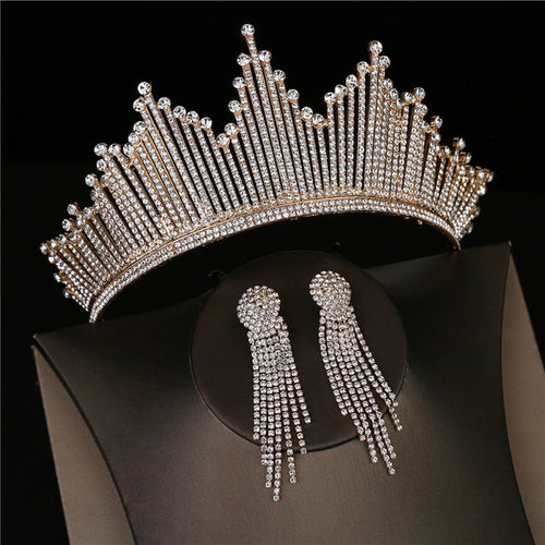 Baroque Luxury Silver Color Crystal Bridal Tiaras Crown With Earrings