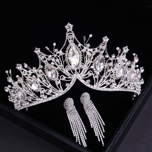 Baroque Luxury Silver Color Crystal Bridal Tiaras Crown With Earrings