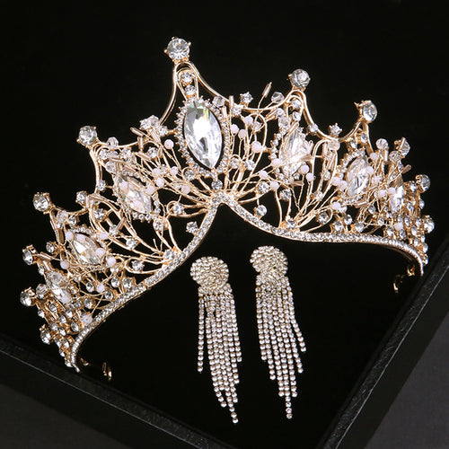 Baroque Luxury Silver Color Crystal Bridal Tiaras Crown With Earrings