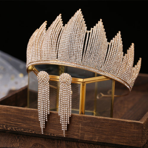 Baroque Luxury Silver Color Crystal Bridal Tiaras Crown With Earrings
