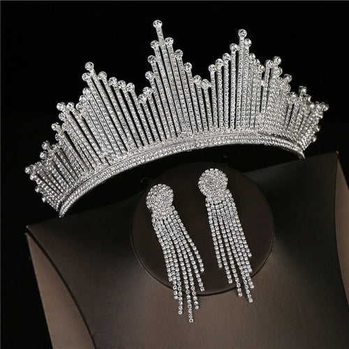 Baroque Luxury Silver Color Crystal Bridal Tiaras Crown With Earrings