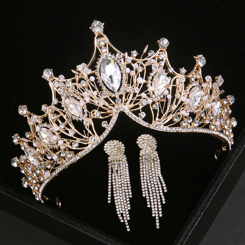 Baroque Luxury Silver Color Crystal Bridal Tiaras Crown With Earrings