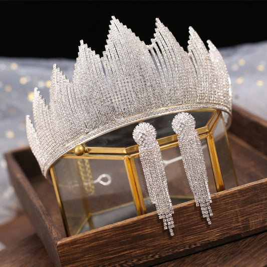 Baroque Luxury Silver Color Crystal Bridal Tiaras Crown With Earrings