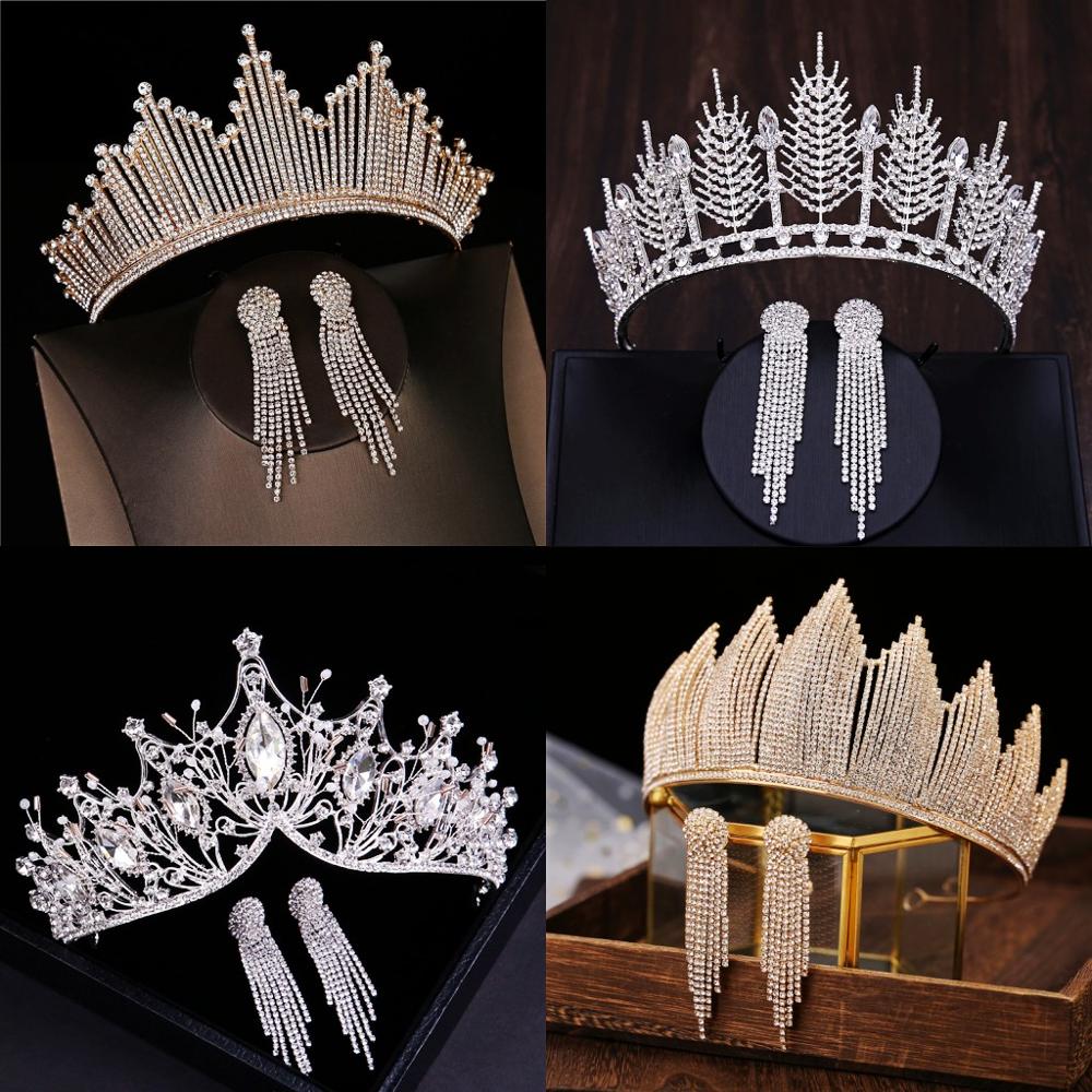 Baroque Luxury Silver Color Crystal Bridal Tiaras Crown With Earrings