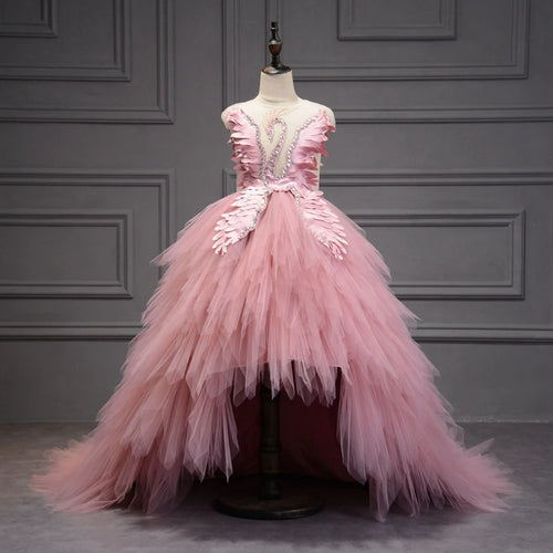 Elegant Swan Crystal Tulle Trailing Flower Girl Dress Evening Gown