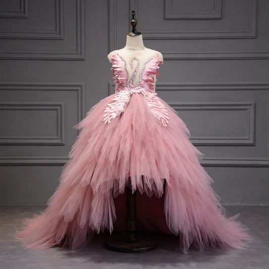 Elegant Swan Crystal Tulle Trailing Flower Girl Dress Evening Gown