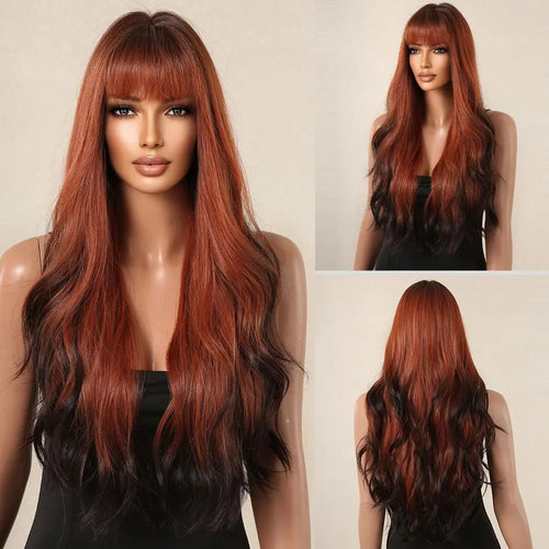 Brown Wavy Wigs for Women with Bangs Long Natural Synthetic Hair Wig