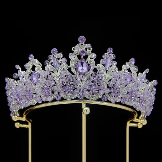 Luxury Royal Purple Crystal Beads Queen Bridal Tiaras Crown Rhinestone