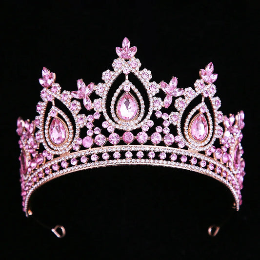 KMVEXO Vintage Baroque Water Drop Fairy Crowns Pink Crystal Elf Tiaras