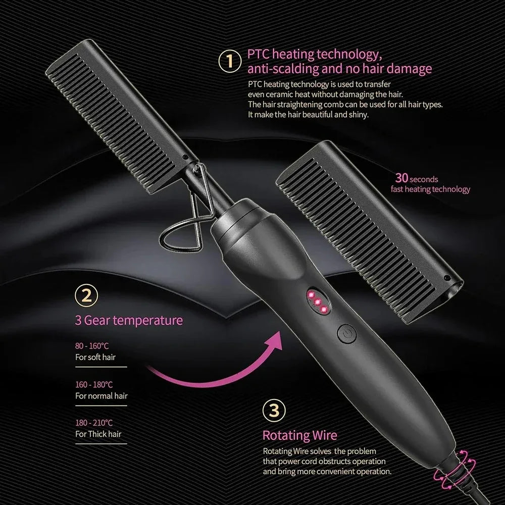 Ceramic Heating Hair Straightener Comb Ceramic Coating with 3 Heat Levels & Anti-Frizz for Natural Hair Beard Wigs and Curling