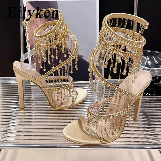 Eilyken Golden Crystal Rhinestone Women's Sandals Fashion String Bead