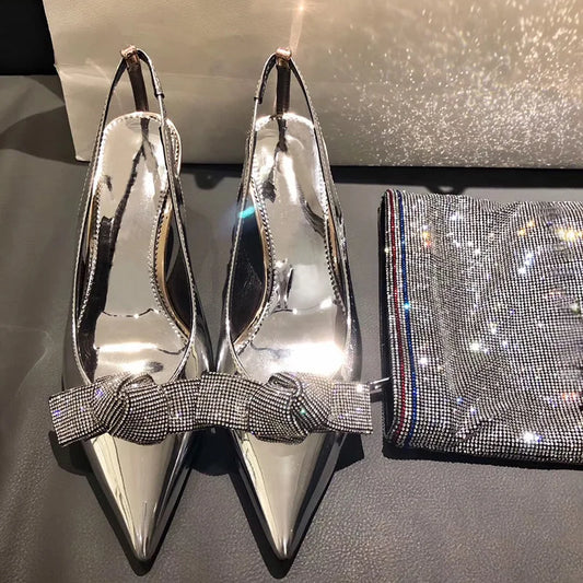 High Heels Silver Rhinestone Pointed Toe Women's Pumps Shoes Back