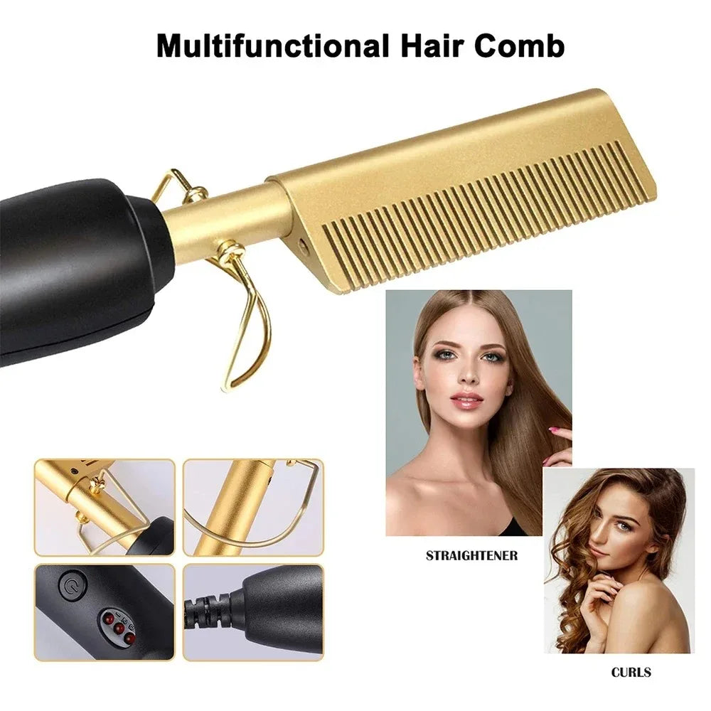 Ceramic Heating Hair Straightener Comb Ceramic Coating with 3 Heat Levels & Anti-Frizz for Natural Hair Beard Wigs and Curling