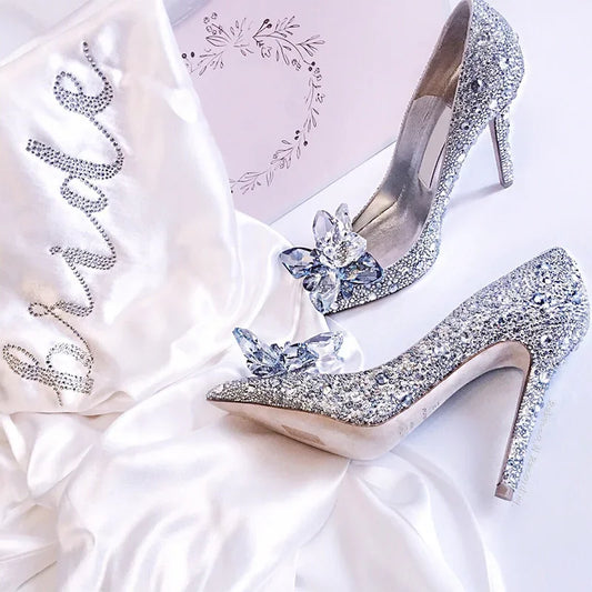 Luxury Brand Crystal Wedding Shoes for Women Pointed Toe Cinderella