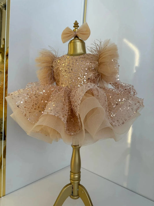 Glitter Champagne Short Baby Toddler Birthday Pageant Dresses Puffy