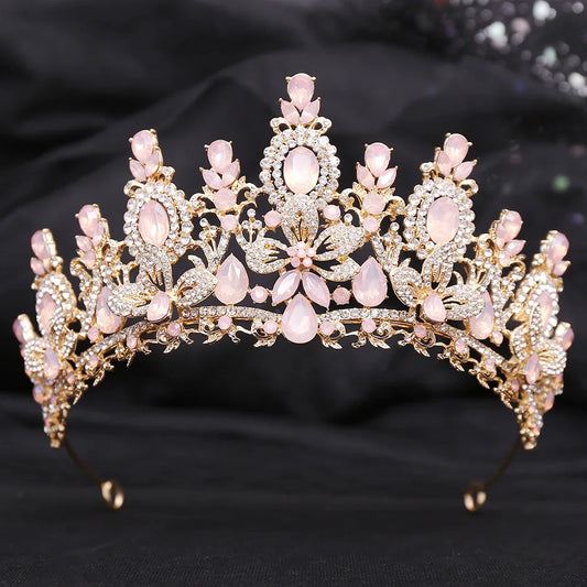 KMVEXO Luxury Pink Opal Royal Queen Wedding Crown Rhinestone Crystal