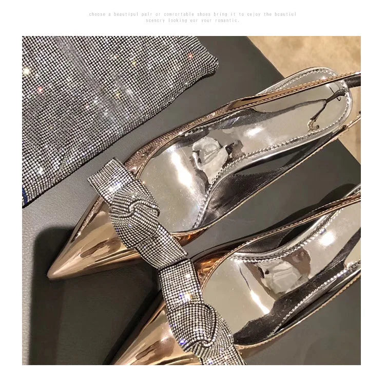High Heels Silver Rhinestone Pointed Toe Women's Pumps Shoes Back