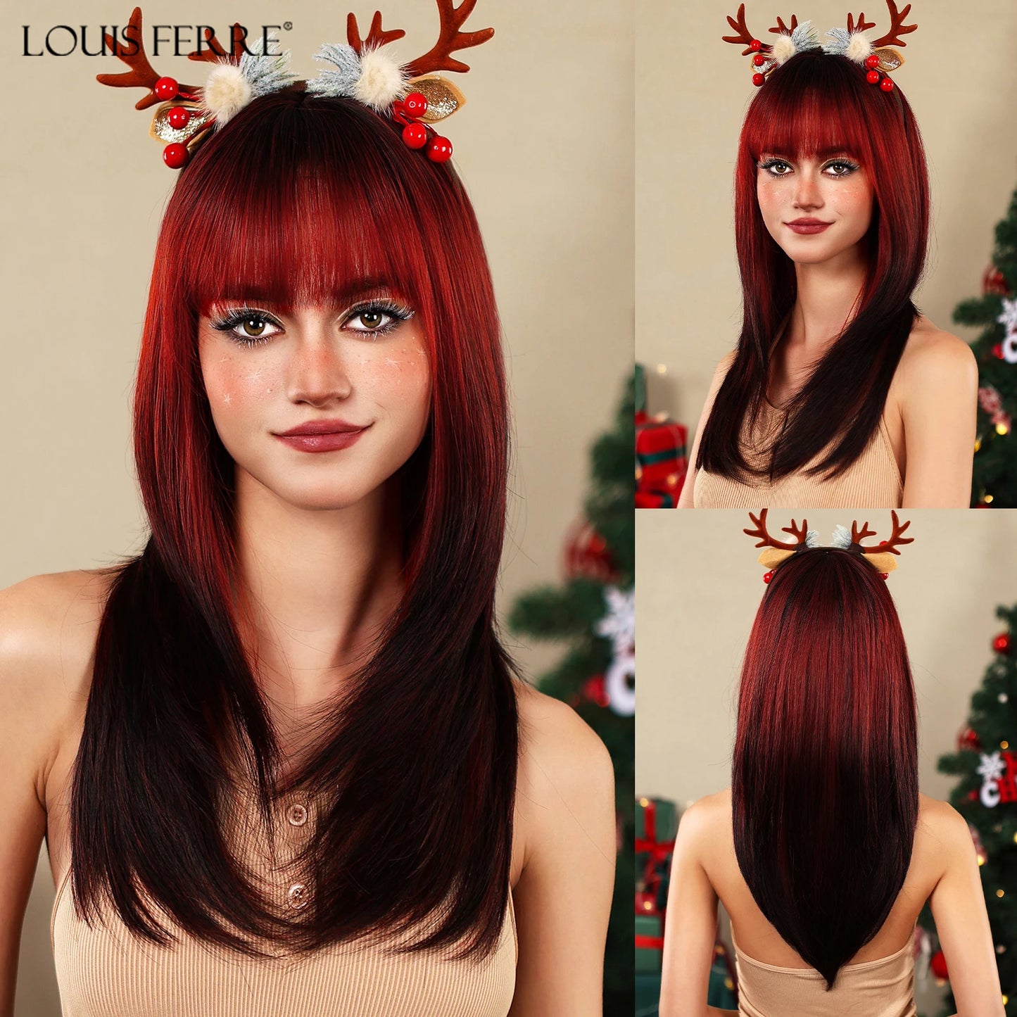 LOUIS FERRE Black Pink Ombre Synthetic Wigs for Cosplay Long Straight Layered Wigs with Bangs for Women Heat Resistant Fake Hair