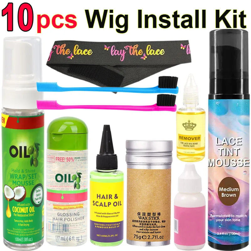 10Pcs Wig Wear Kit For Lace Front Wigs, Hair Mousse Lace Tint Spray