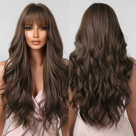 Brown Wavy Wigs for Women with Bangs Long Natural Synthetic Hair Wig