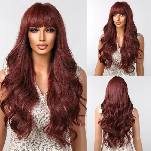 Brown Wavy Wigs for Women with Bangs Long Natural Synthetic Hair Wig